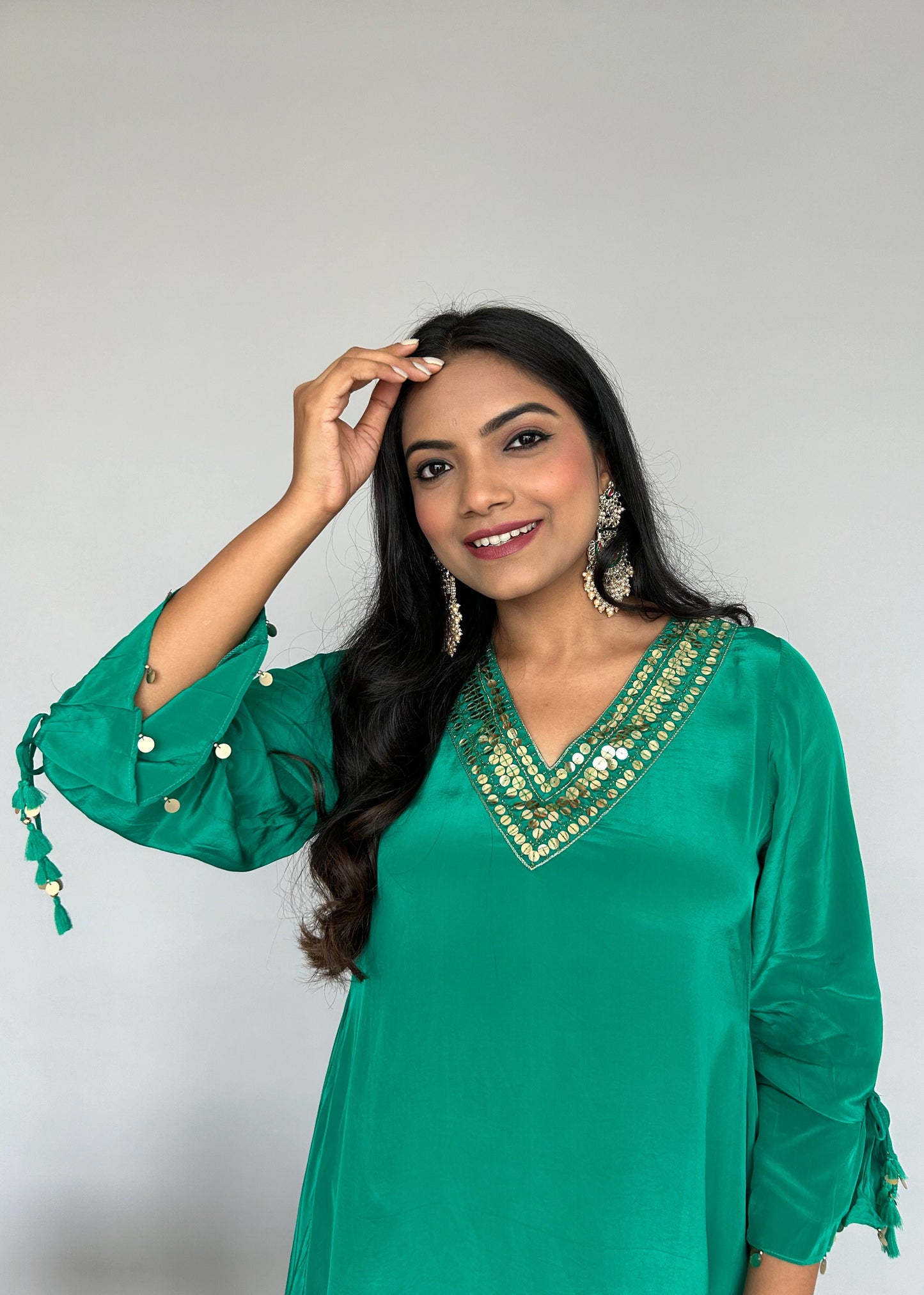 Vibrant Green Fusion Set with Embroidery