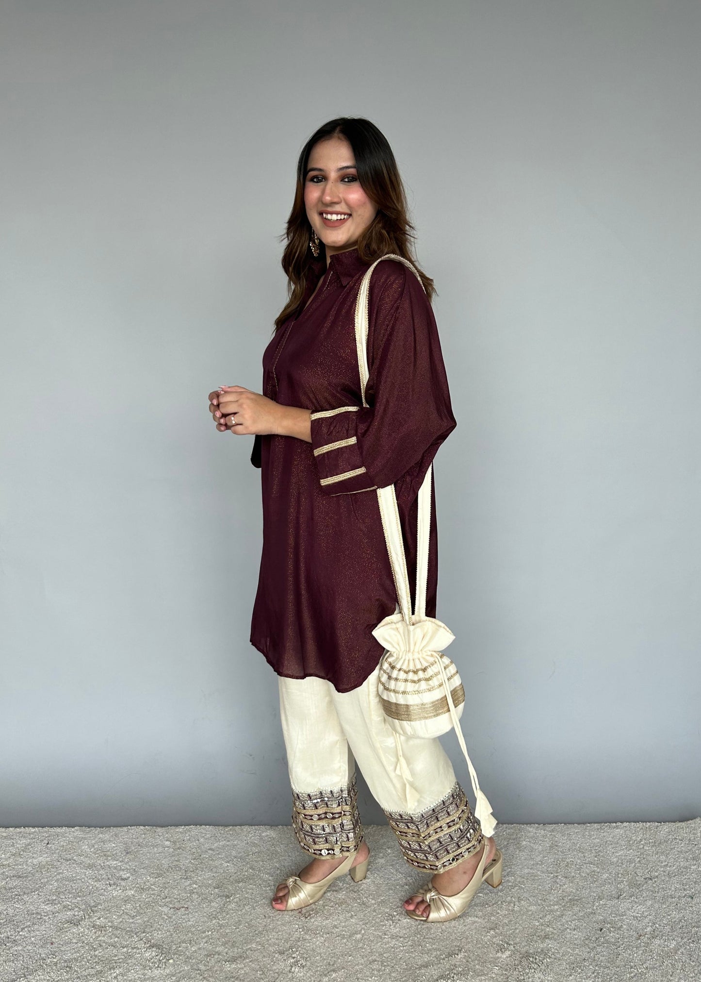 Maroon & Cream Fusion Set with Potli