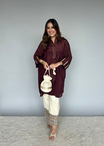 Maroon & Cream Fusion Set with Potli