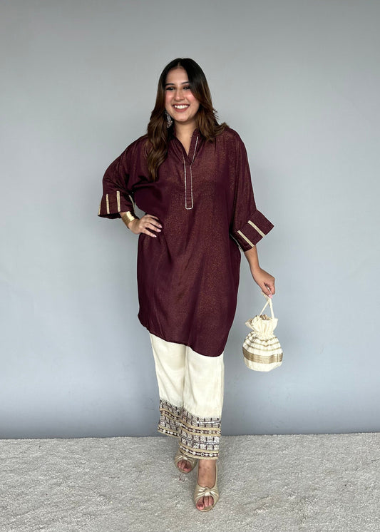 Maroon & Cream Fusion Set with Potli