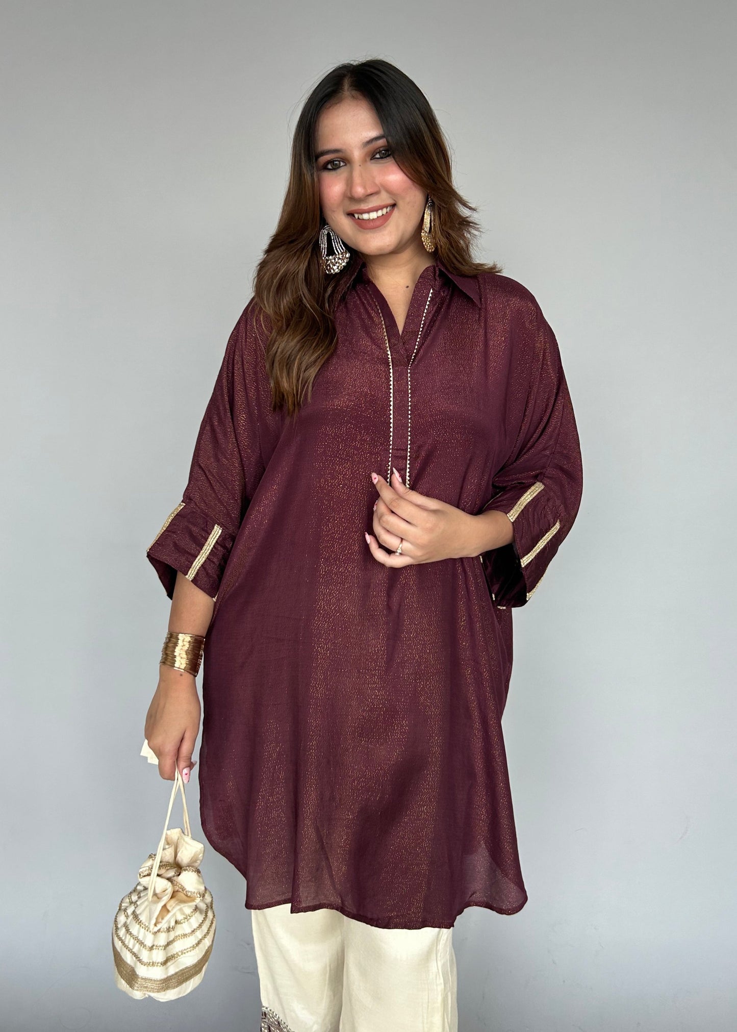 Maroon & Cream Fusion Set with Potli