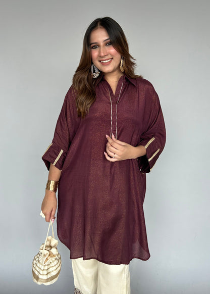 Maroon & Cream Fusion Set with Potli