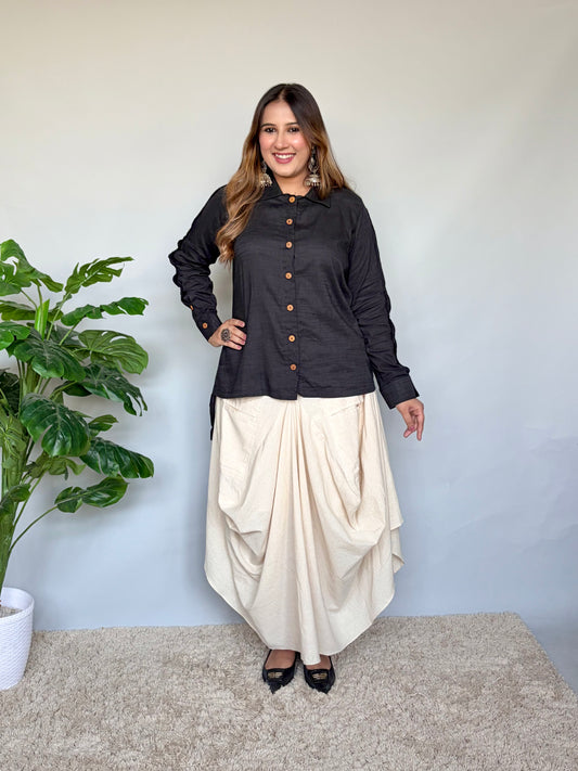 Black Shirt With White Cowl Skirt