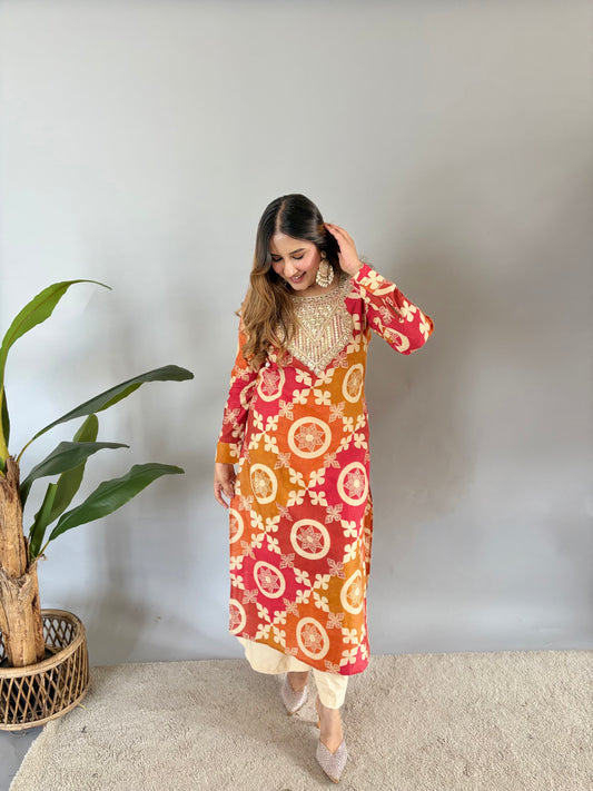 Orange And Pink Cord Set With Golden Work