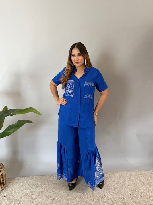 Blue Cord Set With Embroidery