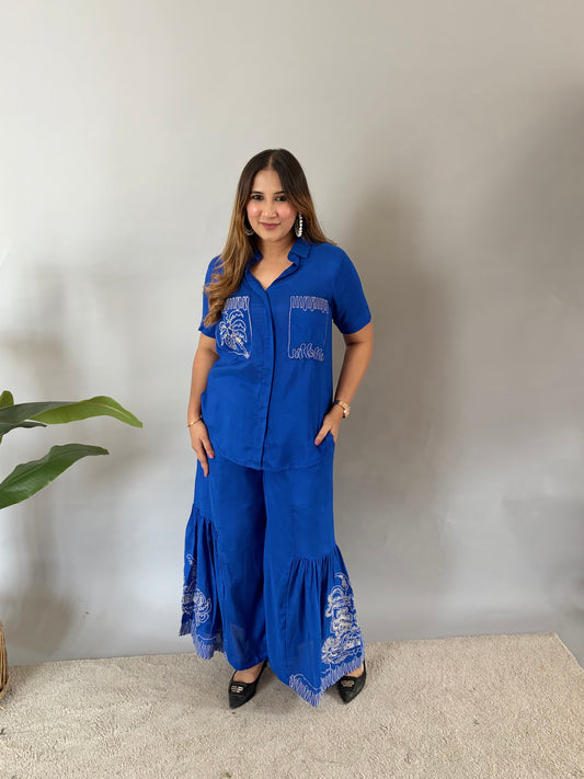 Blue Cord Set With Embroidery