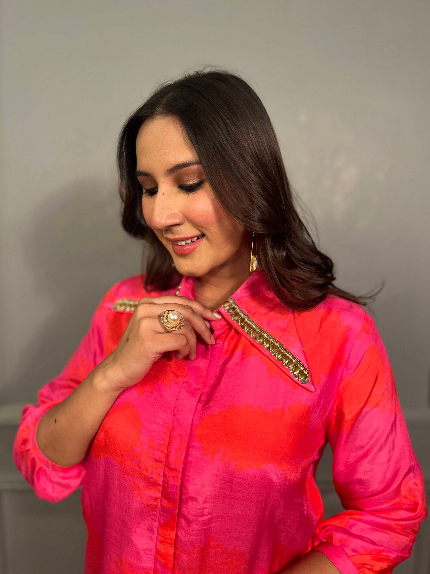 Pink-Orange Set with Embroidered Collar