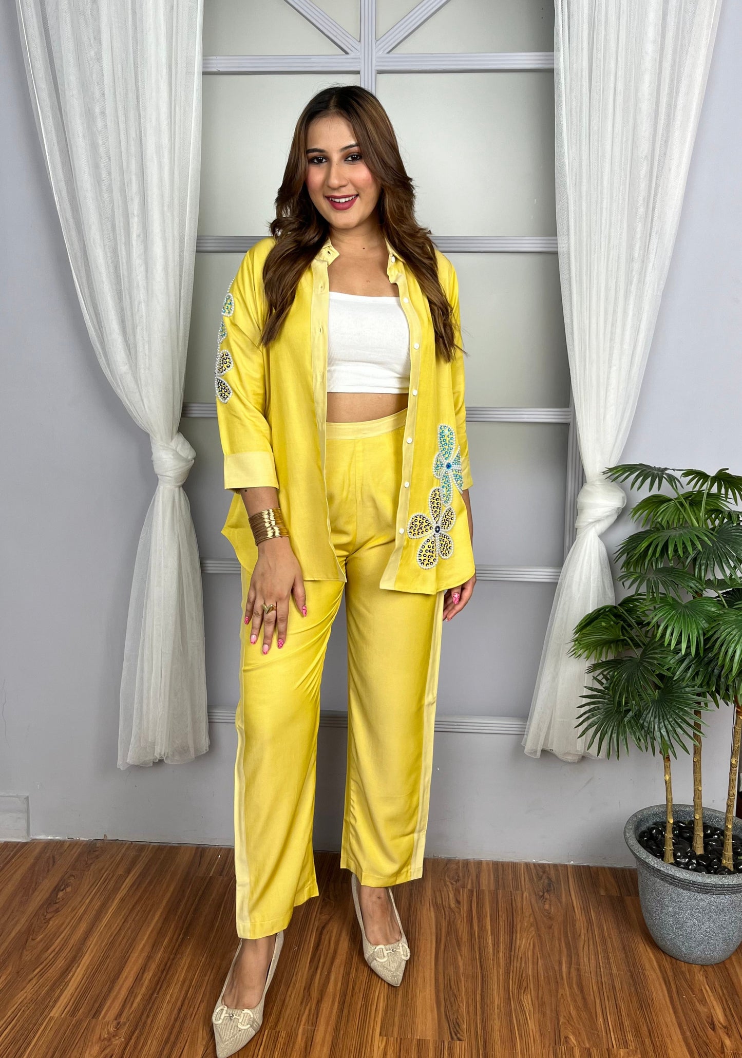 Yellow Co-Ord Set with Floral Embroidery