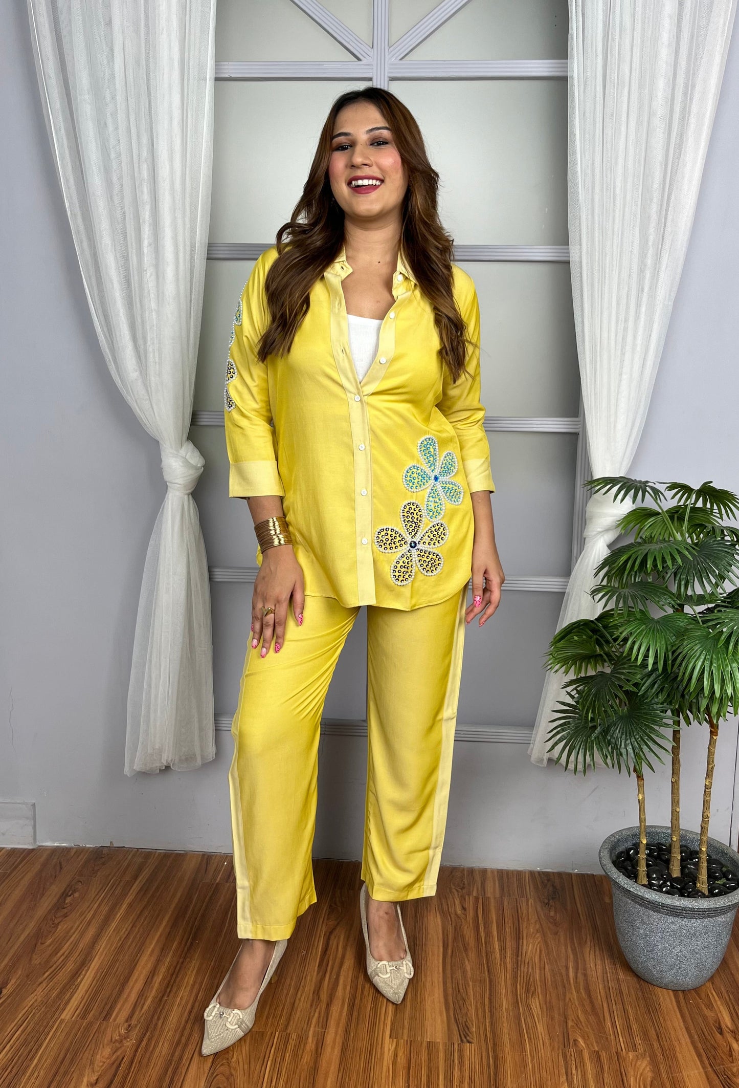 Yellow Co-Ord Set with Floral Embroidery