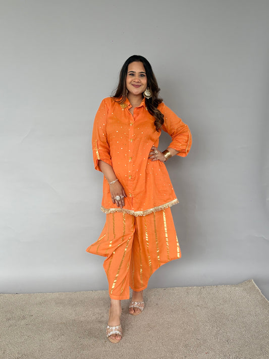 Orange Cord Set With Golden Work