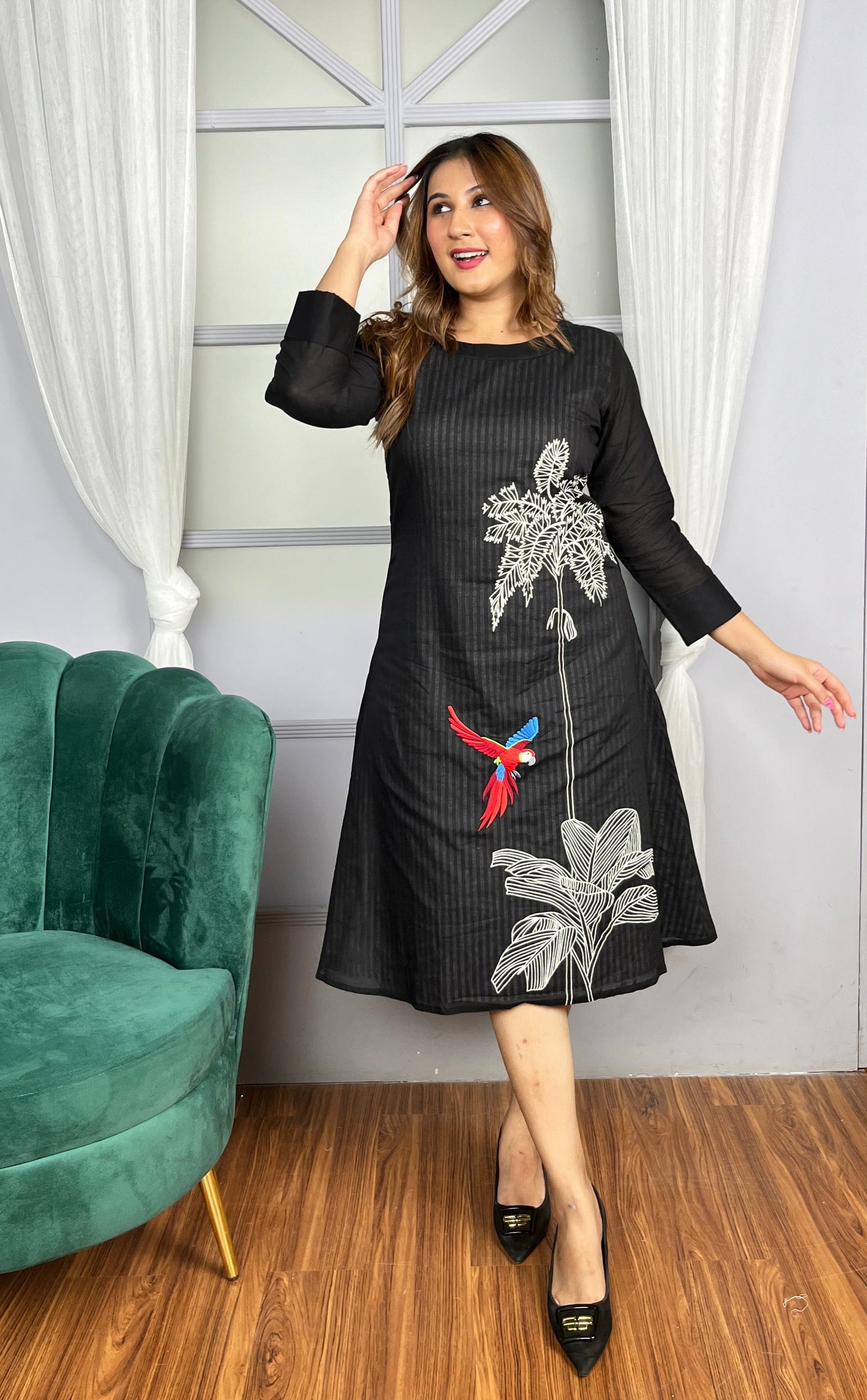 Black Knee-Length Dress with Embroidery