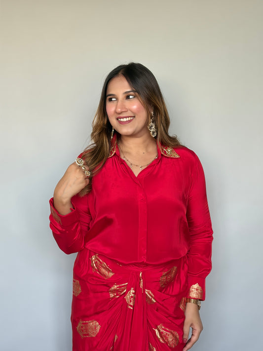 Red Skirt Set with Metallic Print