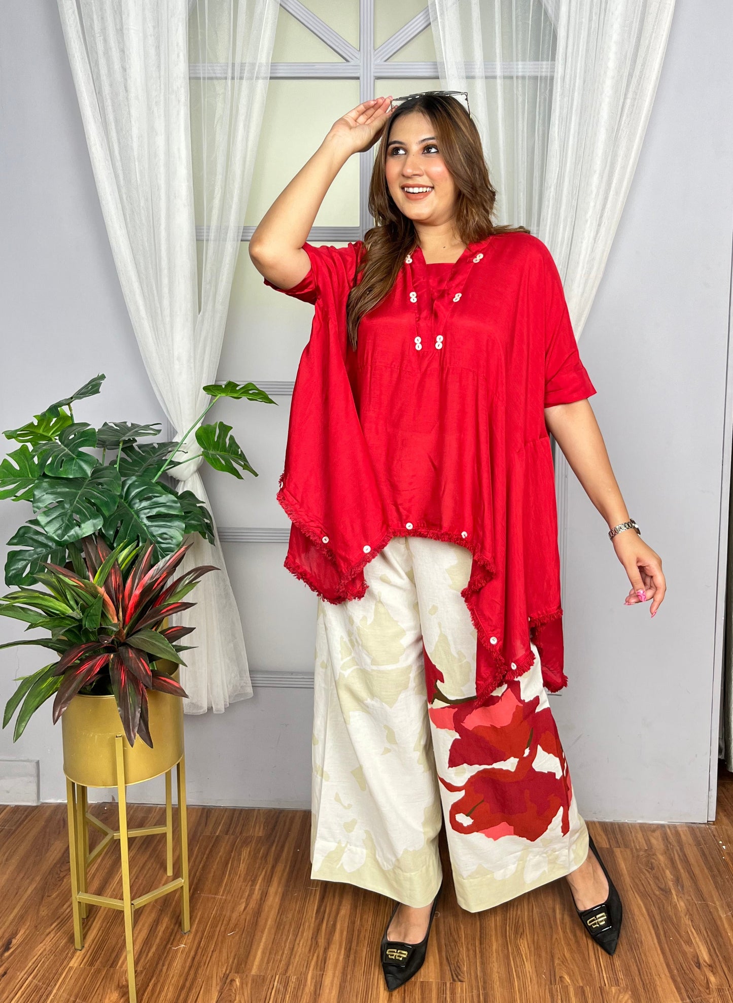 Bold Red Top & Printed Pants Co-ord Set