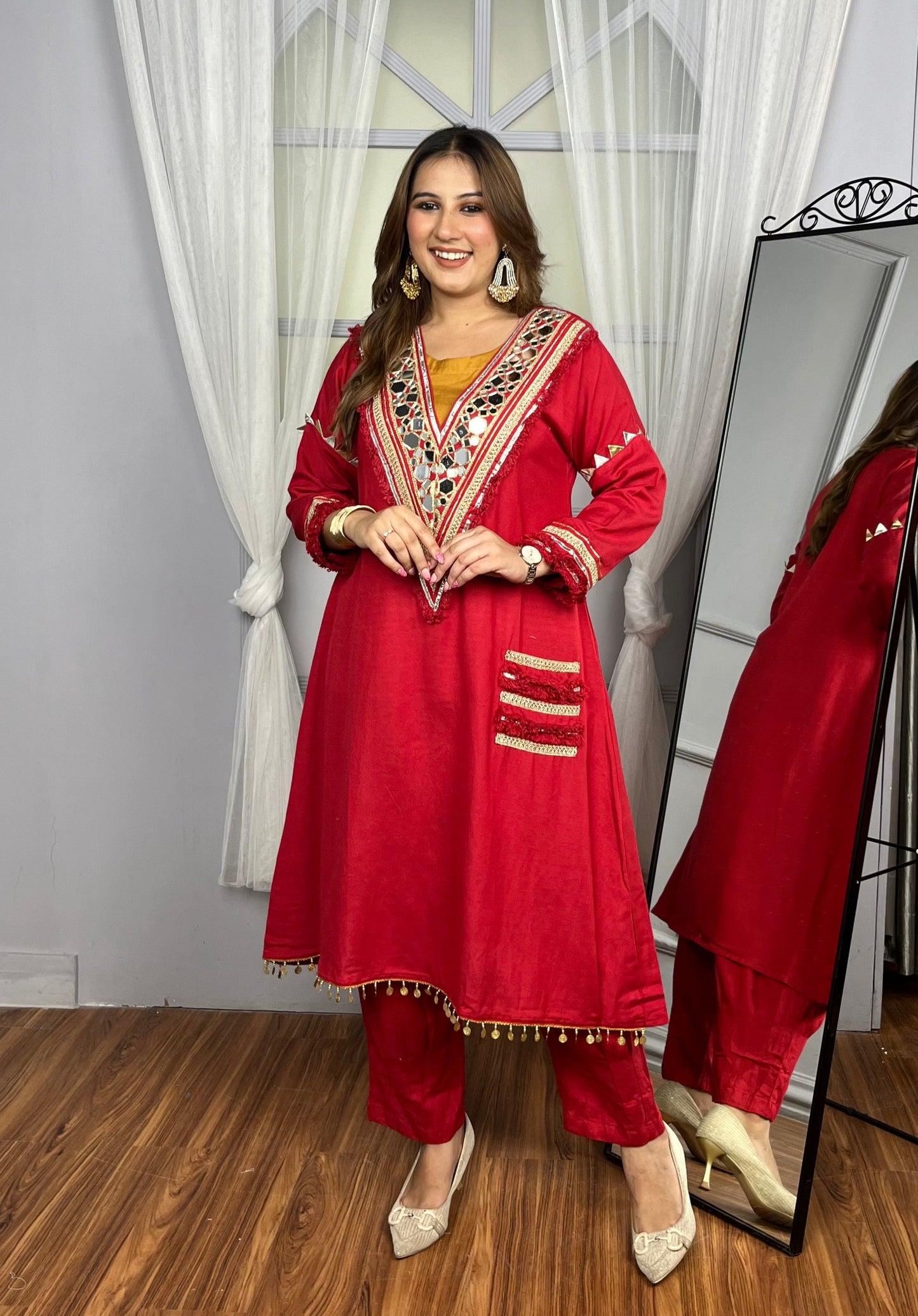 Red 3 Piece Set with Heavy Mirrorwork