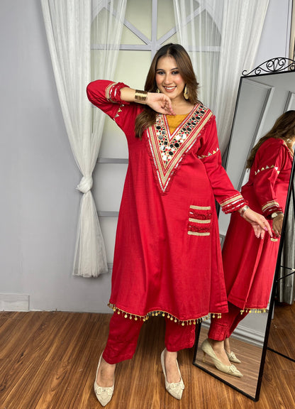 Red 3 Piece Set with Heavy Mirrorwork