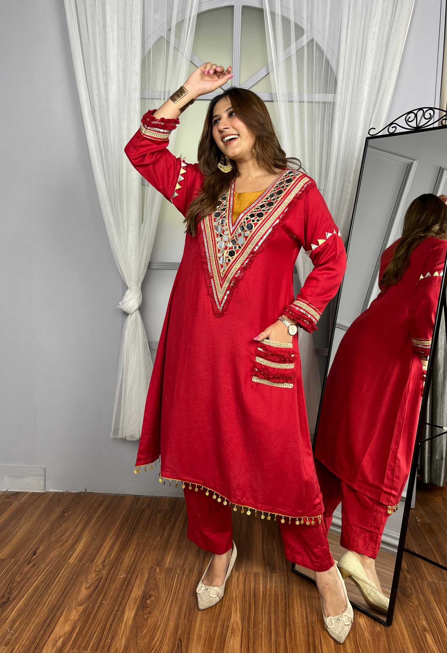 Red 3 Piece Set with Heavy Mirrorwork