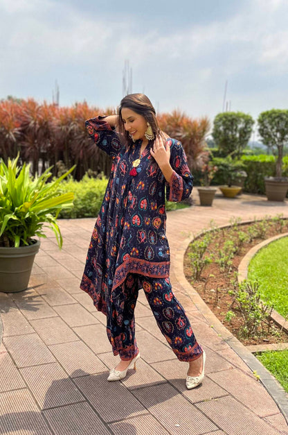 Deep Blue with Motif Print Asymmetric Kurta Set