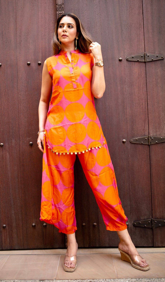 Pink & Orange Sleeveless Set with Flowy Pants