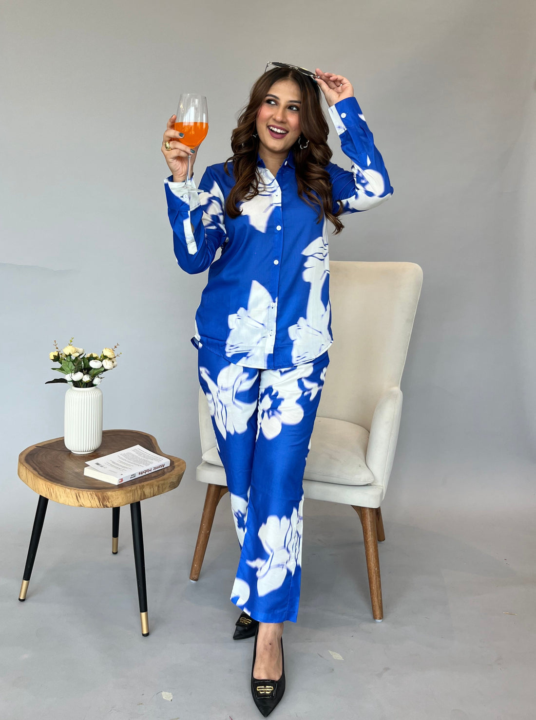 Turquoise Blue with Fuchsia Rose Print Co-ord Set