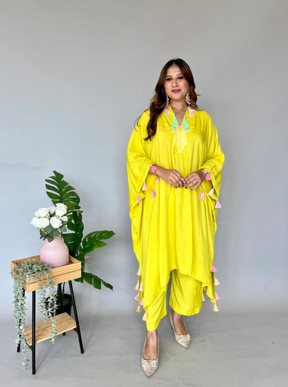 Yellow Kaftan Co-ord Set with Tassels