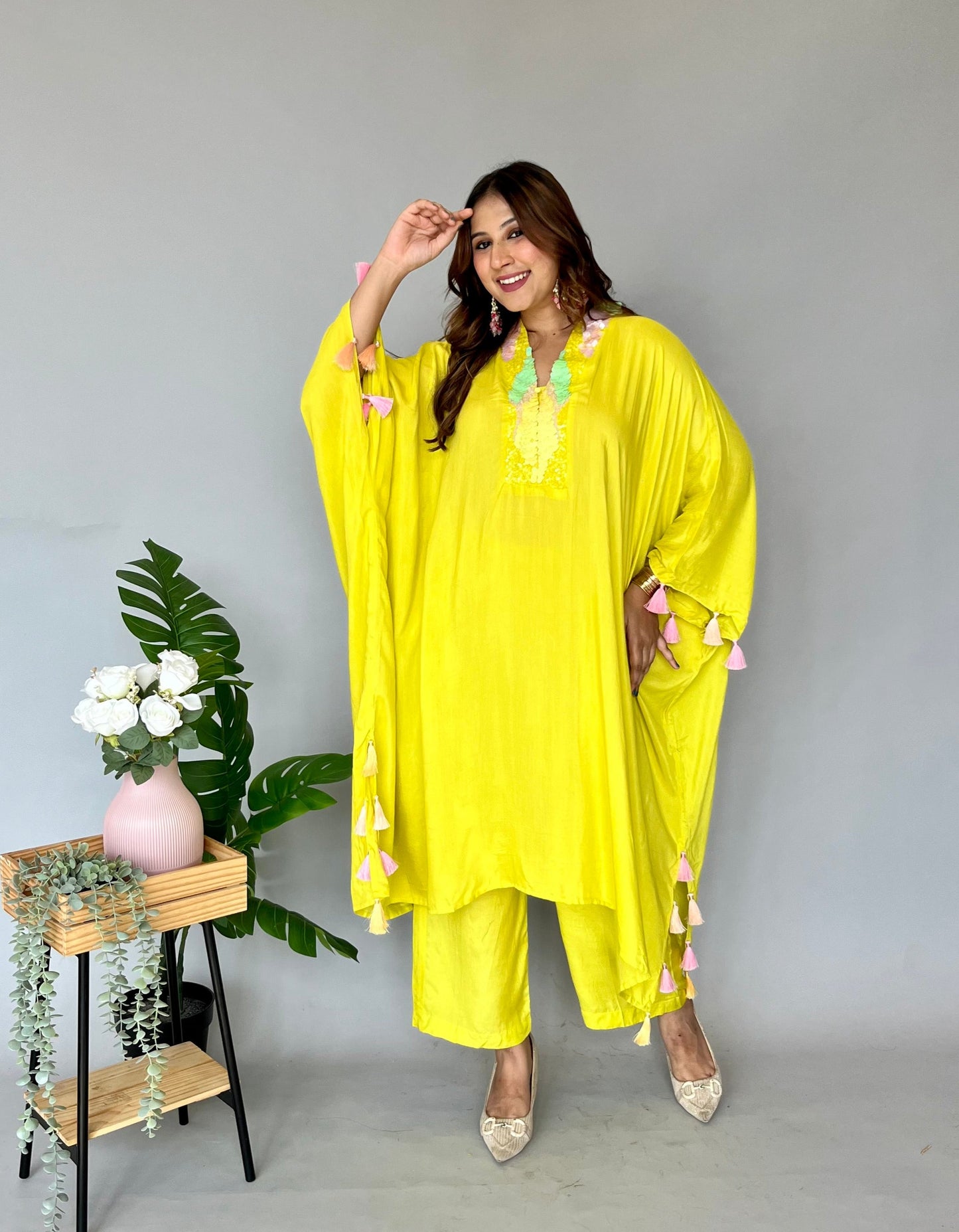 Yellow Kaftan Co-ord Set with Tassels