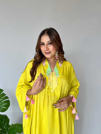 Yellow Kaftan Co-ord Set with Tassels