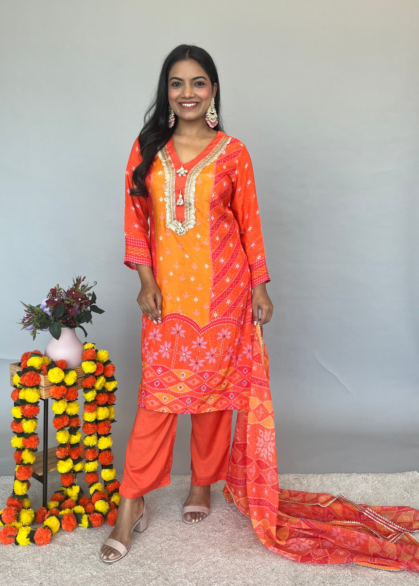 Vibrant Orange Dupatta Set with Embroidery