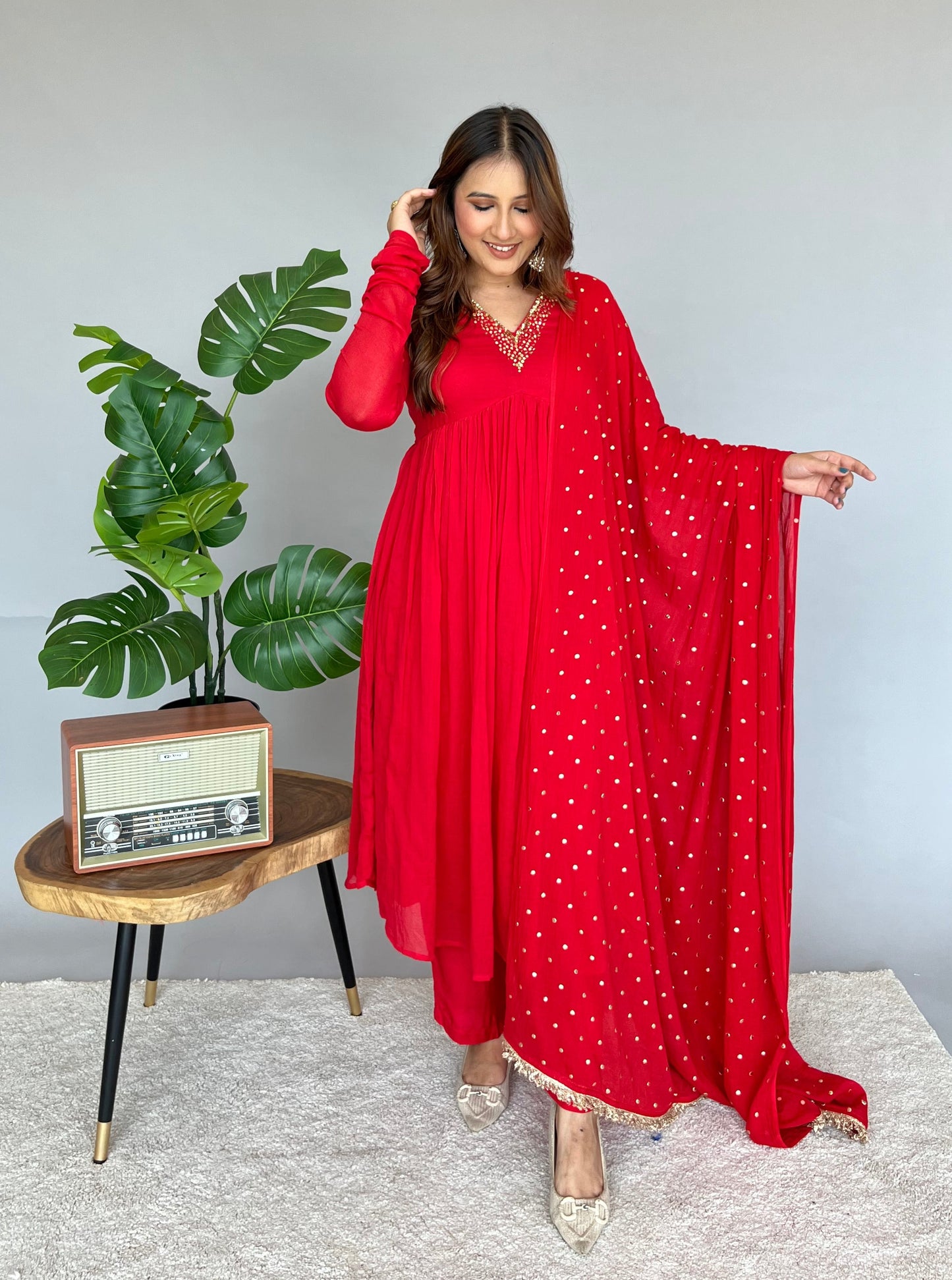 Red Anarkali Dupatta Set