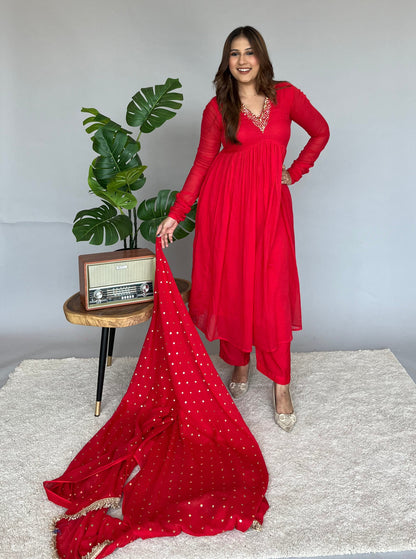 Red Anarkali Dupatta Set