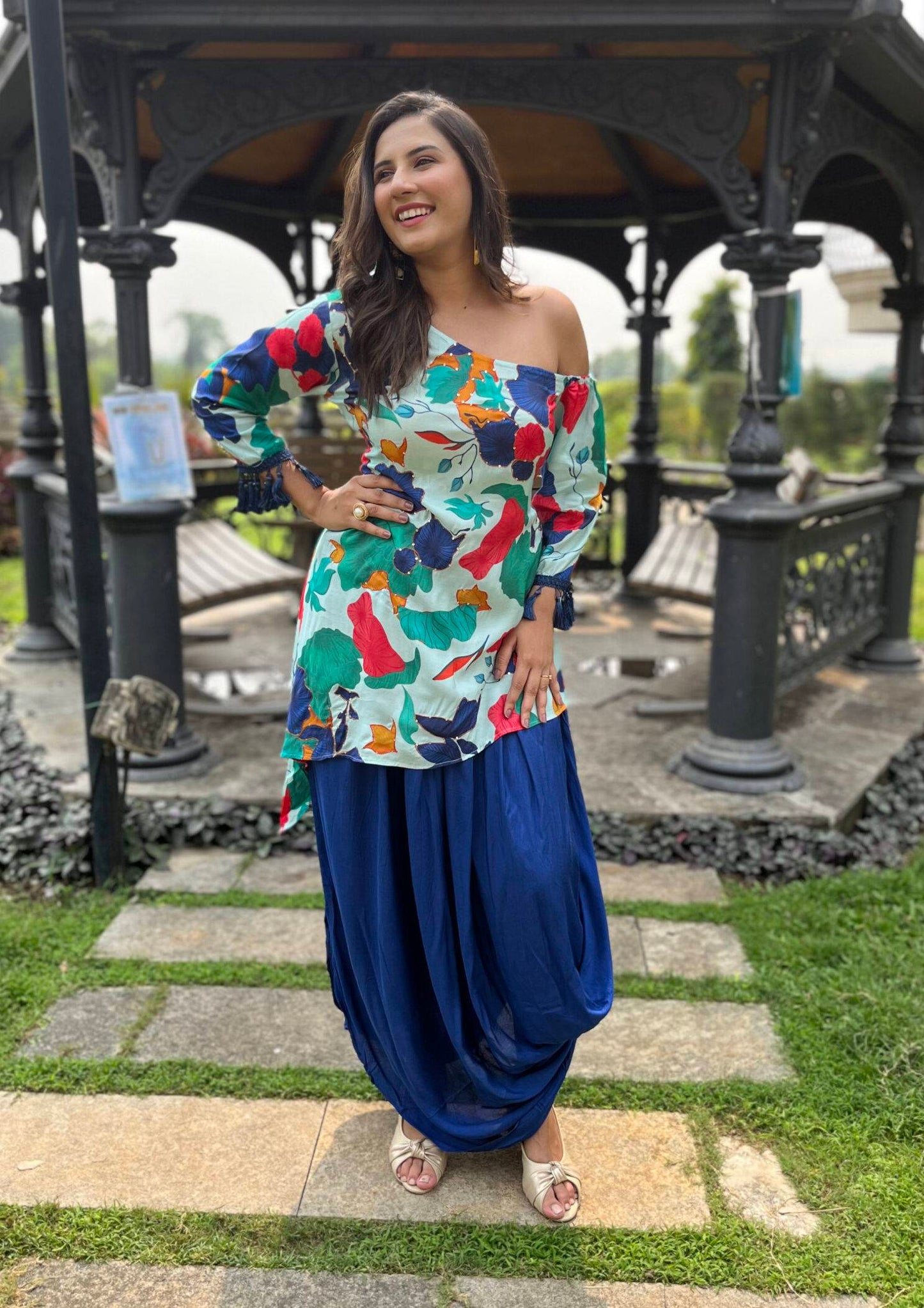 Off-Shoulder Blue Set with Unique Dhoti Pants