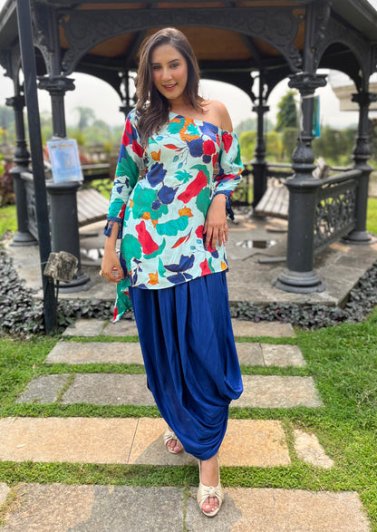 Off-Shoulder Blue Set with Unique Dhoti Pants