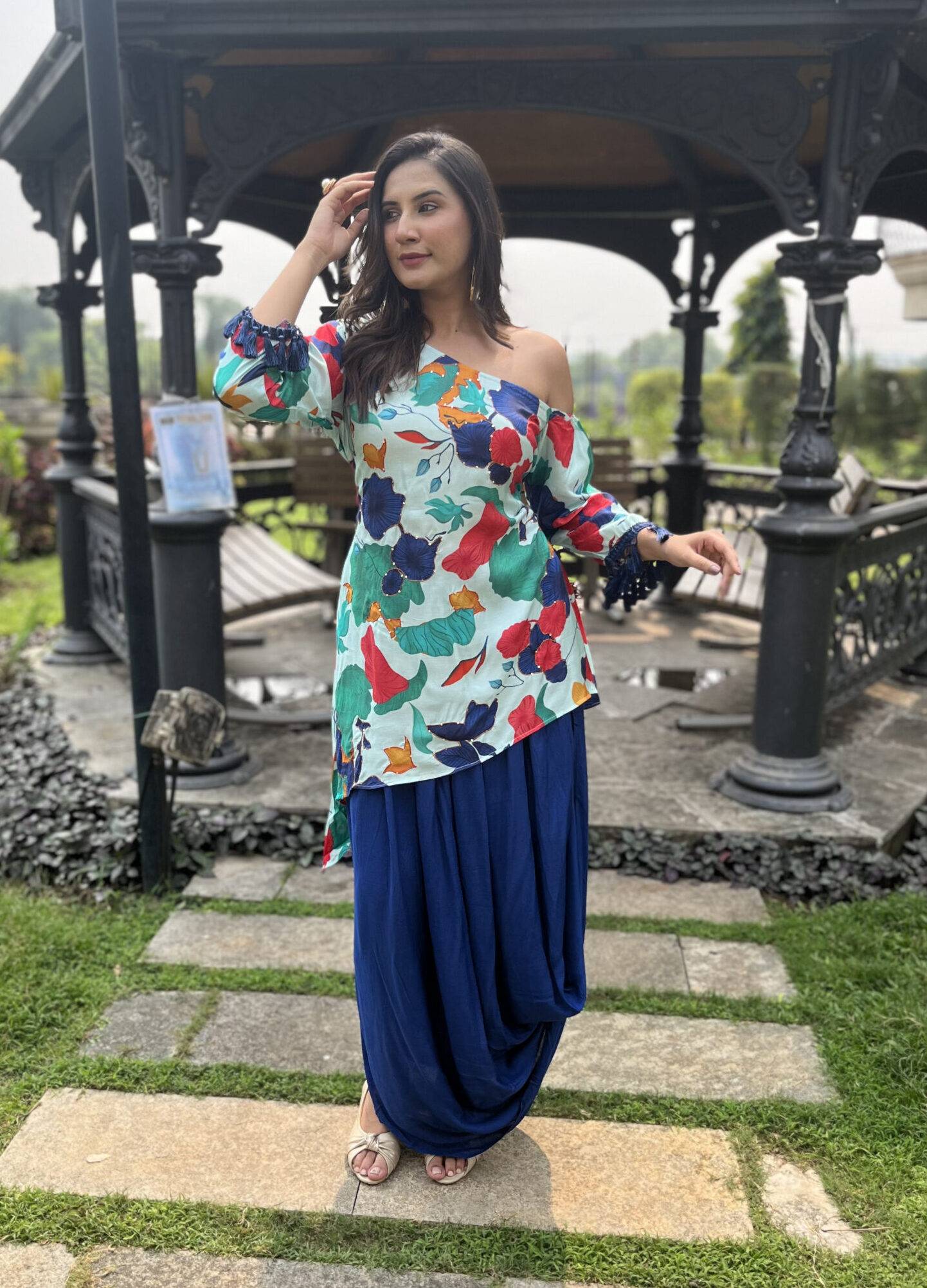 Off-Shoulder Blue Set with Unique Dhoti Pants