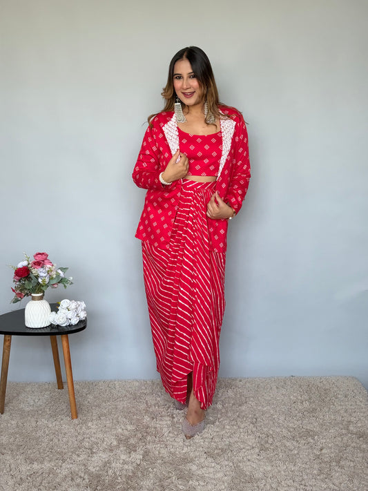 Red Bandhani Print Skirt Set With Jacket