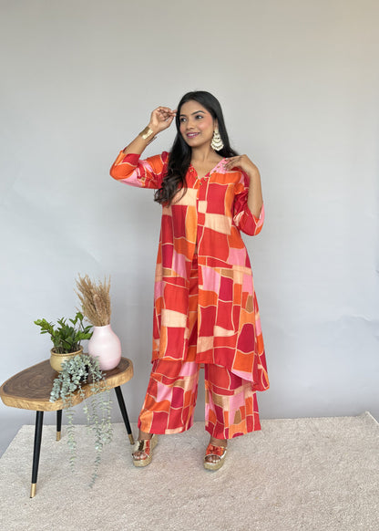 Red & Orange Geometric Print Co-ord Set