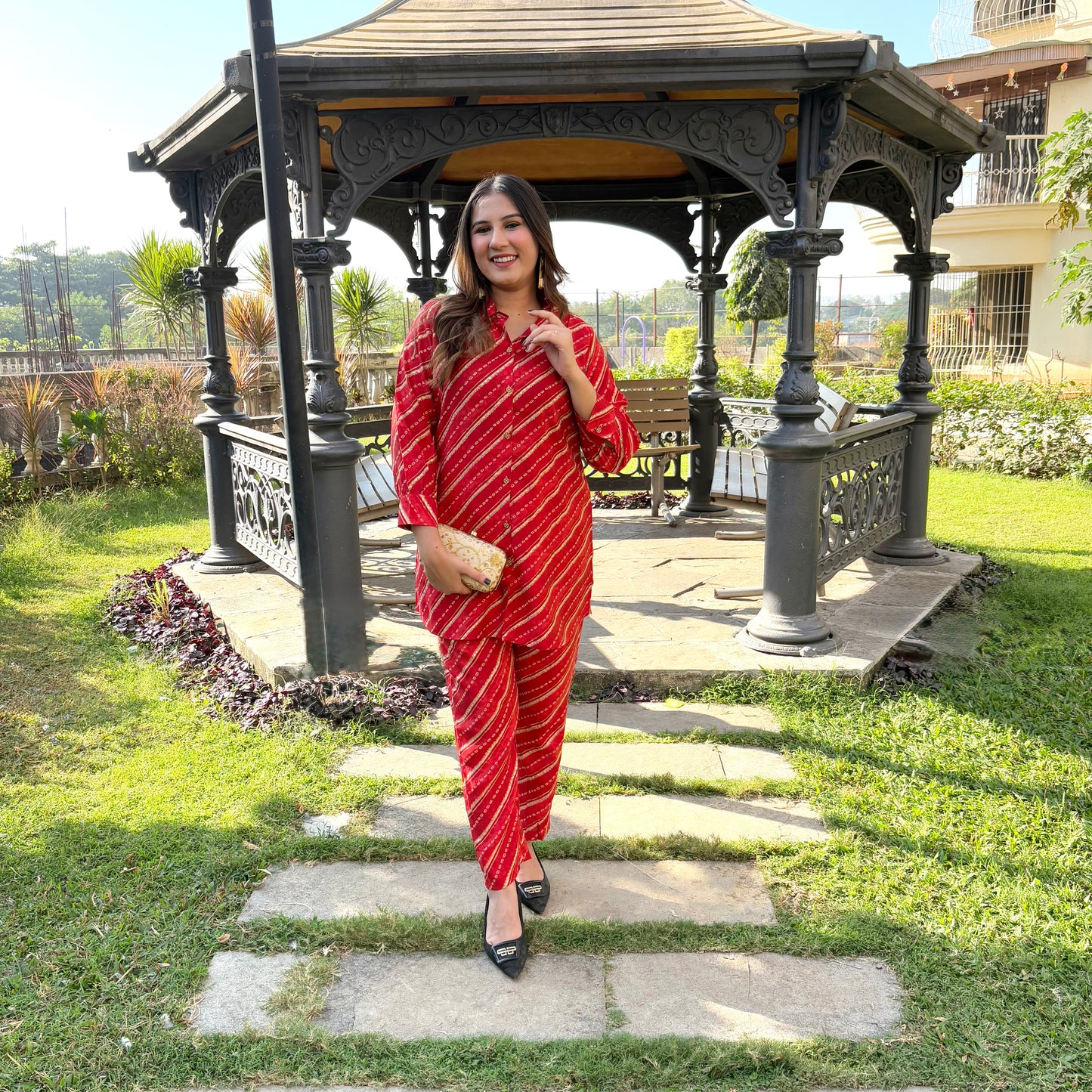 Red Co-ord Set with Stripped Print