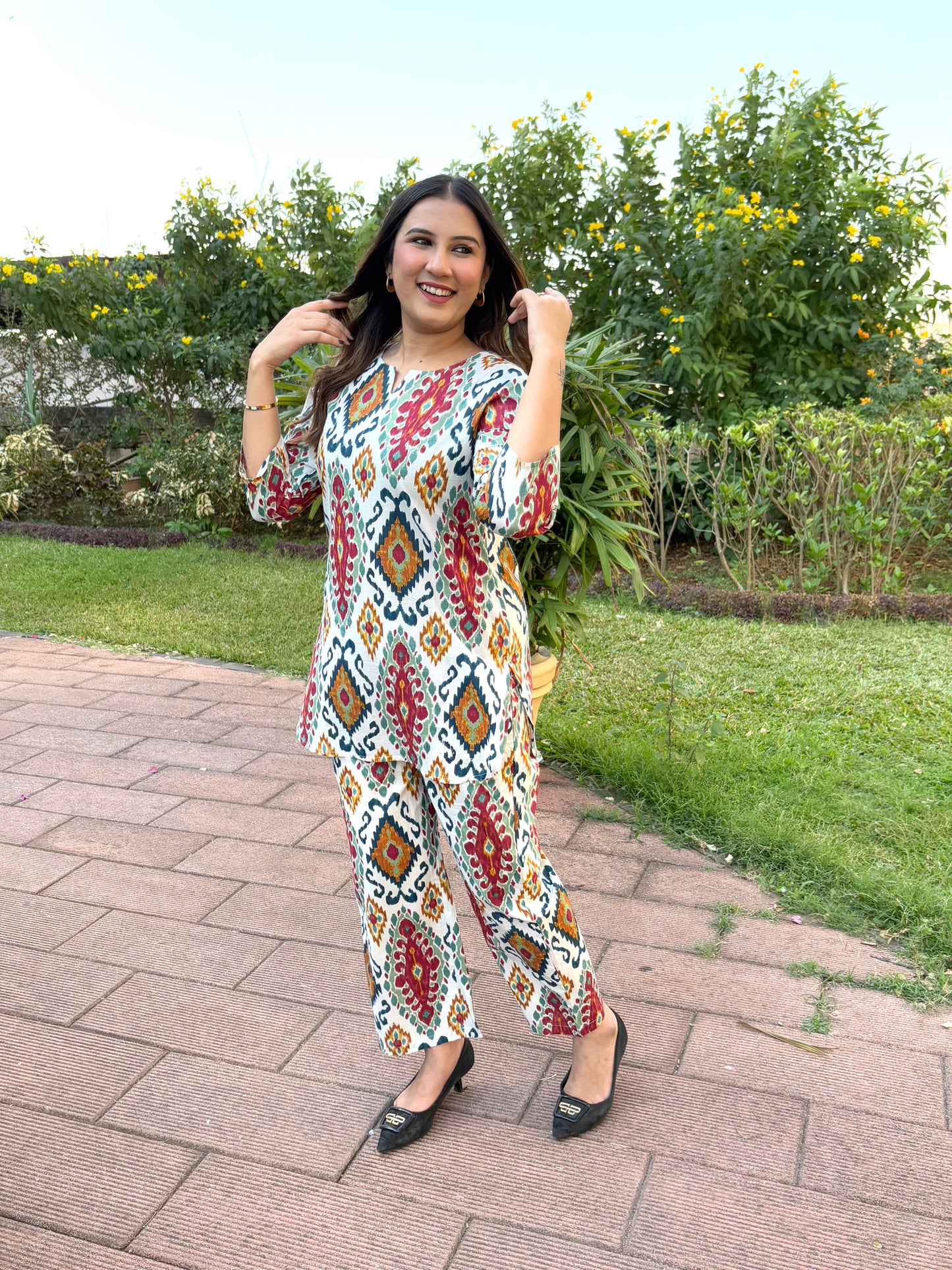 White Co-ord Set with Multi-Coloured Abstract Print