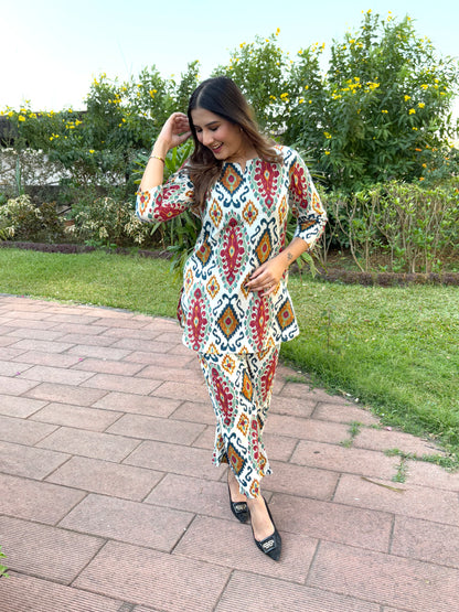 White Co-ord Set with Multi-Coloured Abstract Print