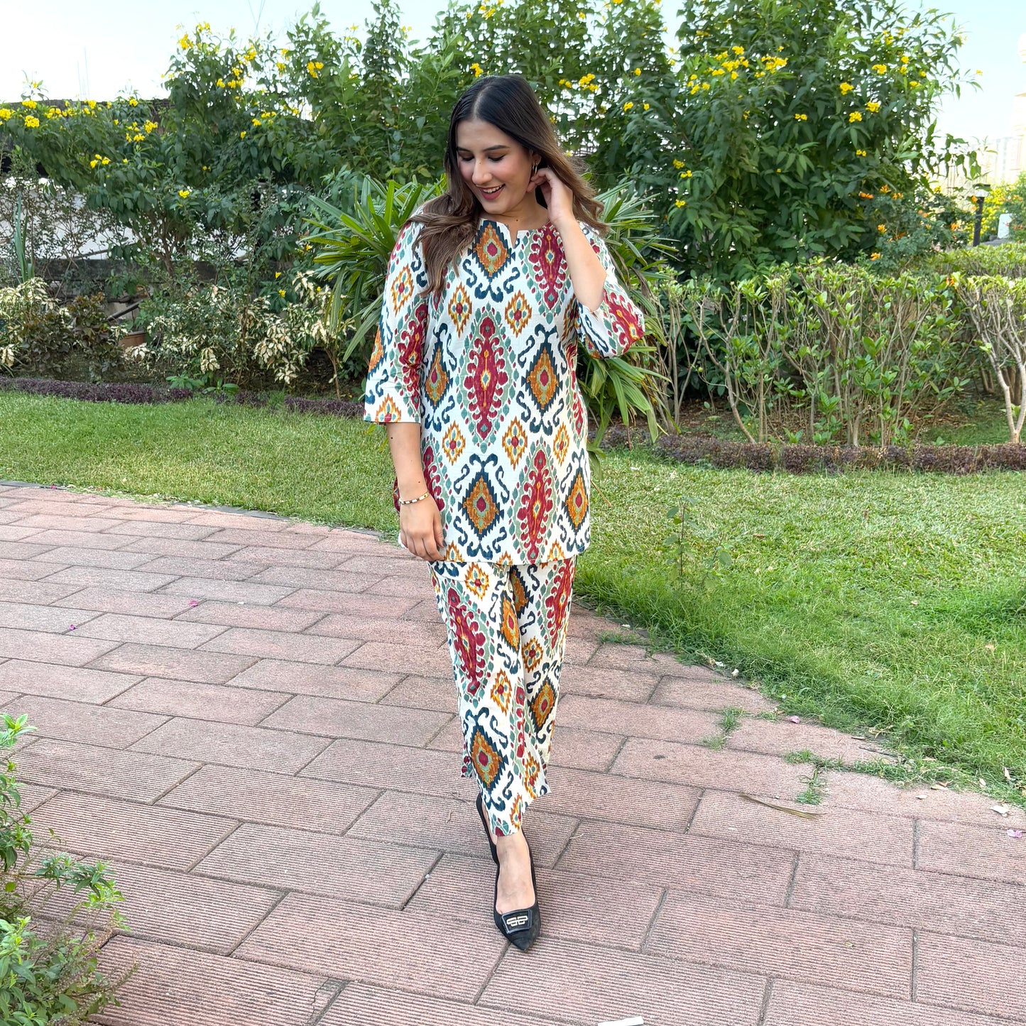 White Co-ord Set with Multi-Coloured Abstract Print