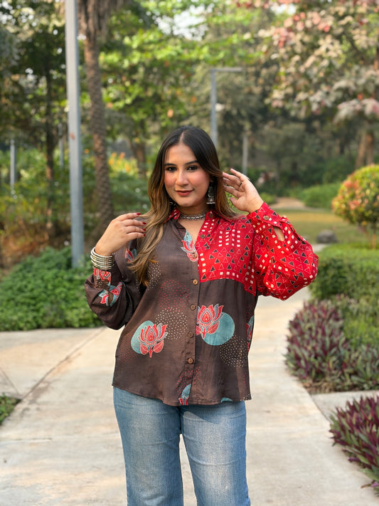 Red and Brown Printed Oversized Shirt