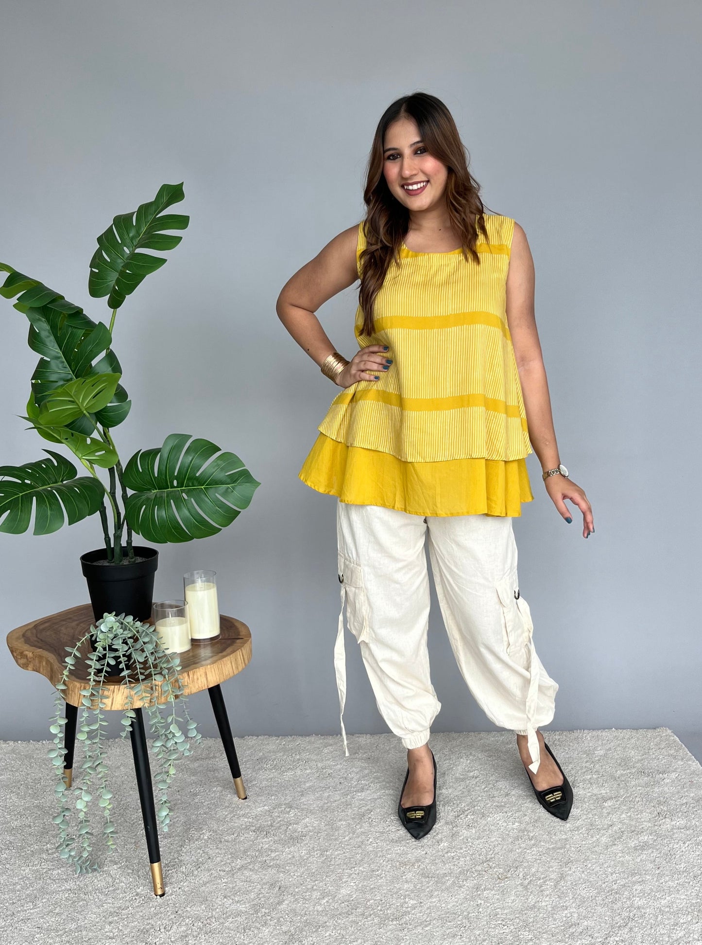 White & Yellow Cargo Pants 3 Piece Set