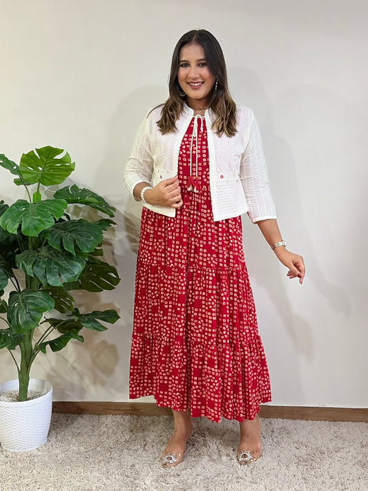 Red Bandhani Print Dress With Jacket