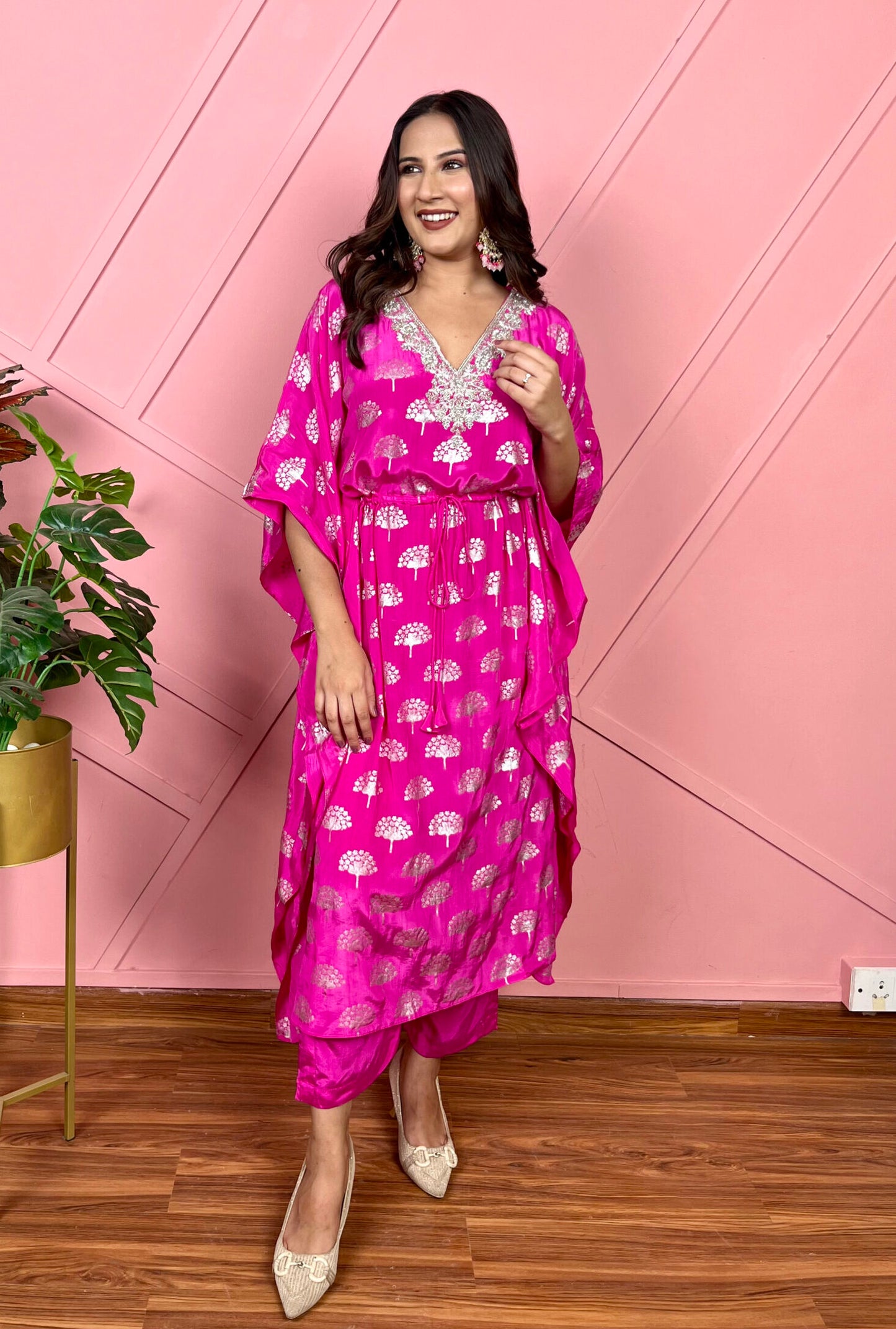 Pink Kaftan Set with Silver Embroidery