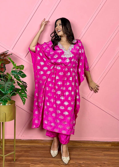 Pink Kaftan Set with Silver Embroidery