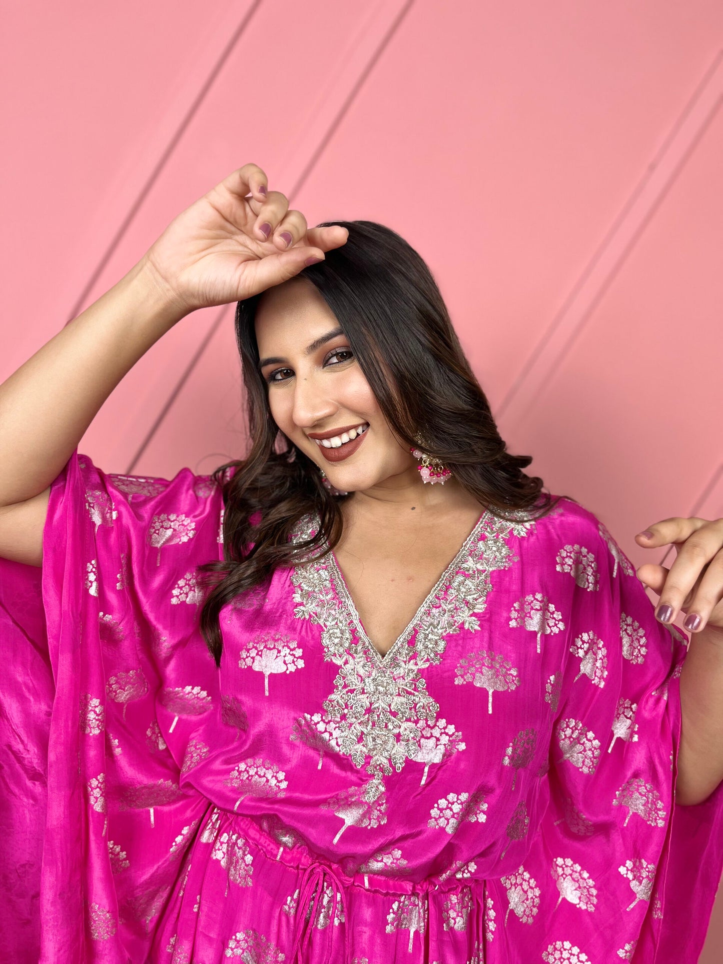 Pink Kaftan Set with Silver Embroidery