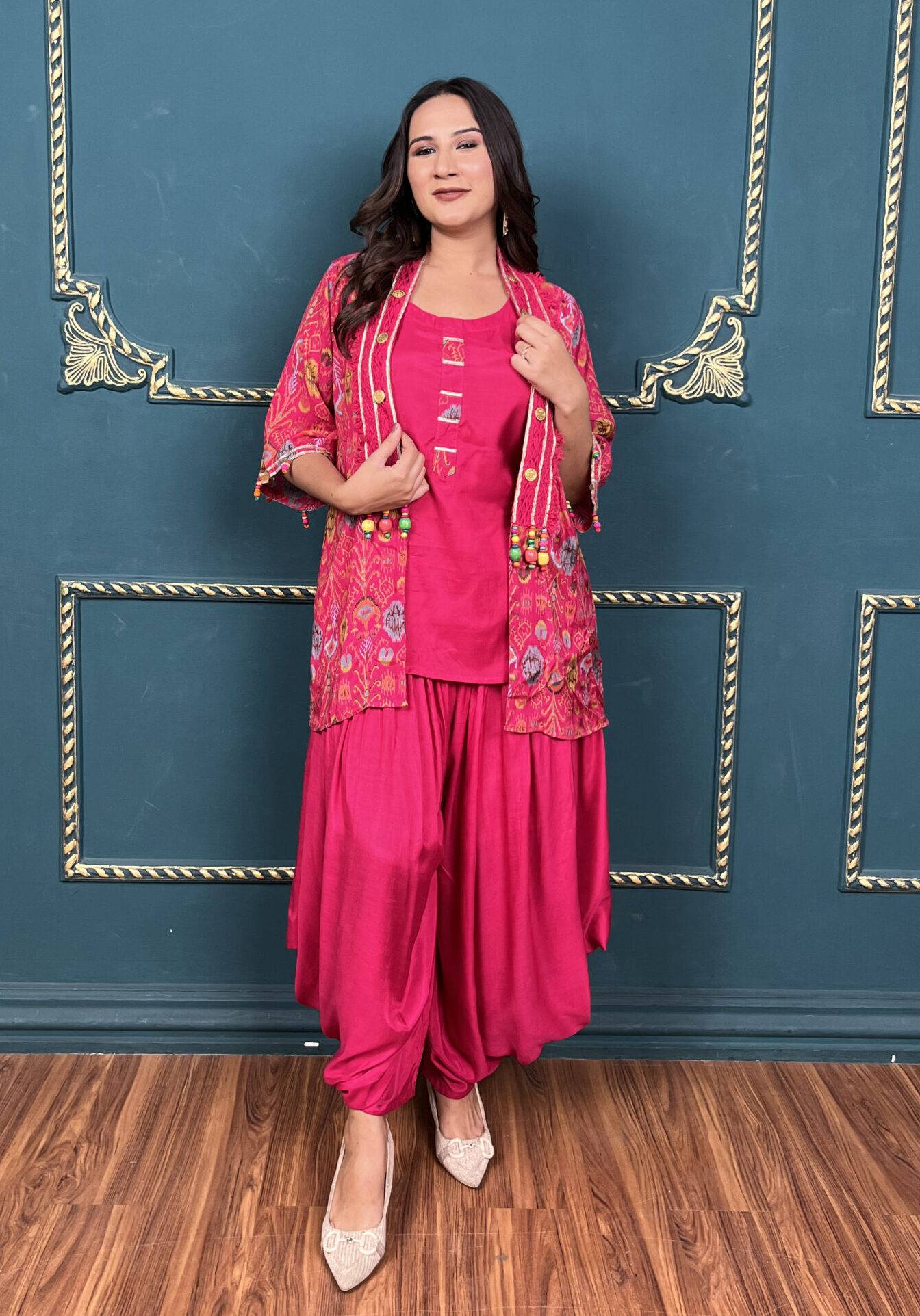 Pink Dhoti Set with Printed Cover-up