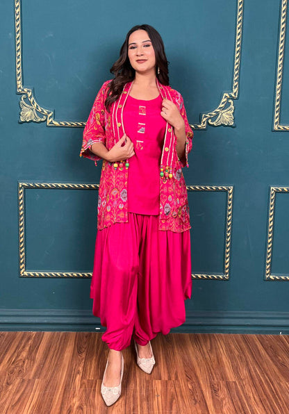 Pink Dhoti Set with Printed Cover-up