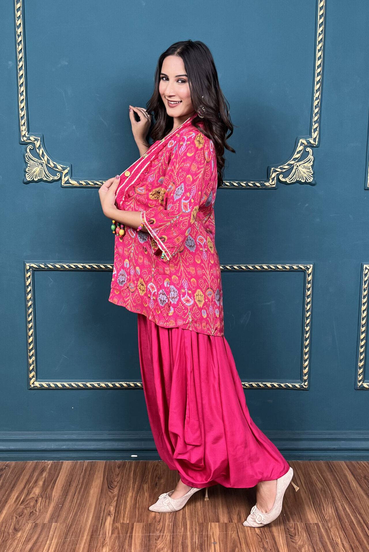 Pink Dhoti Set with Printed Cover-up