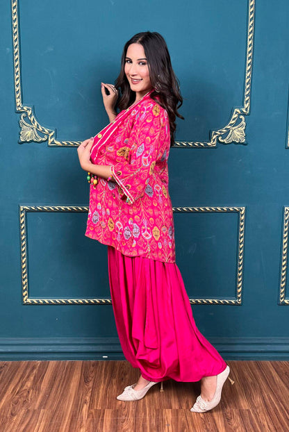 Pink Dhoti Set with Printed Cover-up