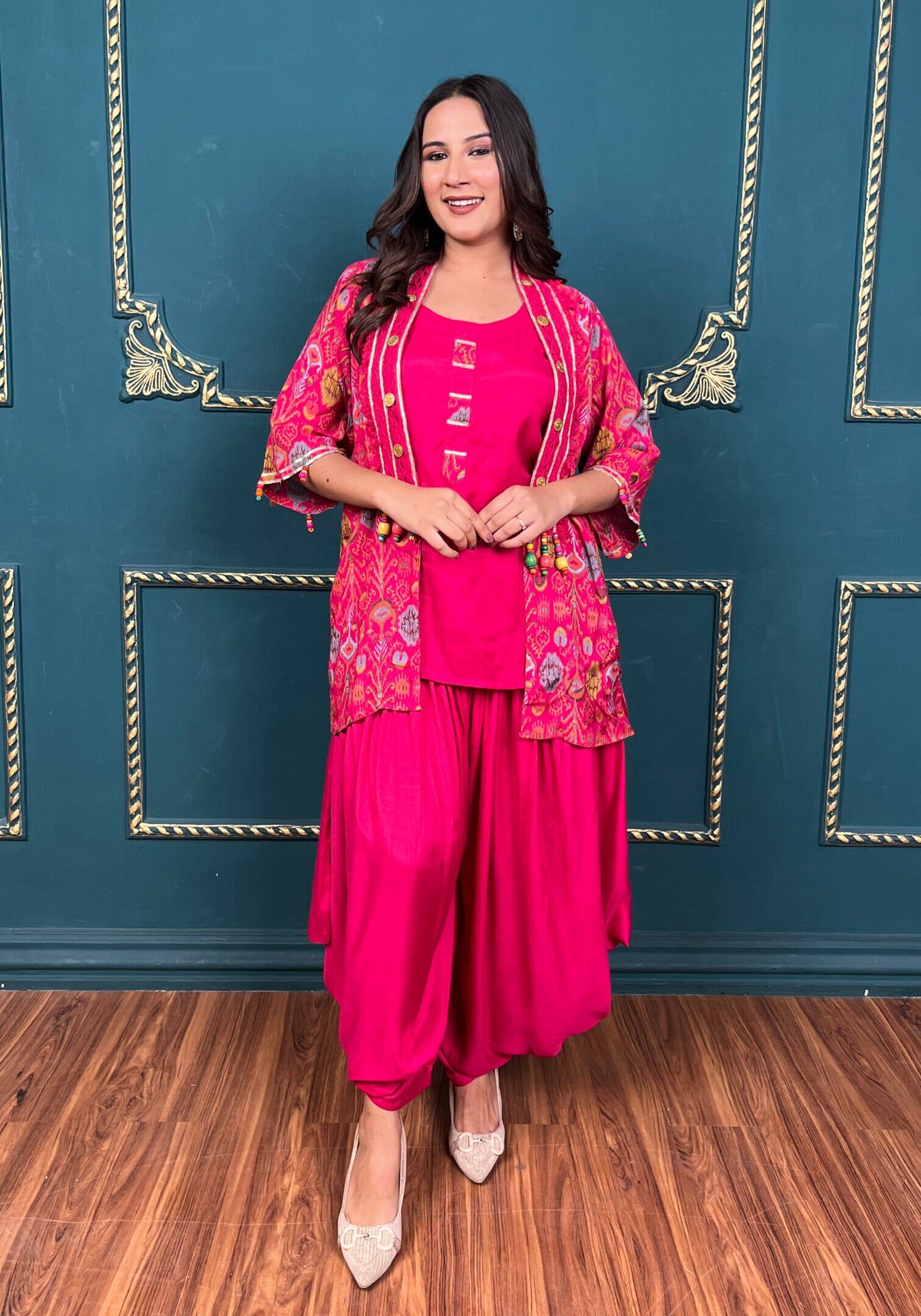 Pink Dhoti Set with Printed Cover-up