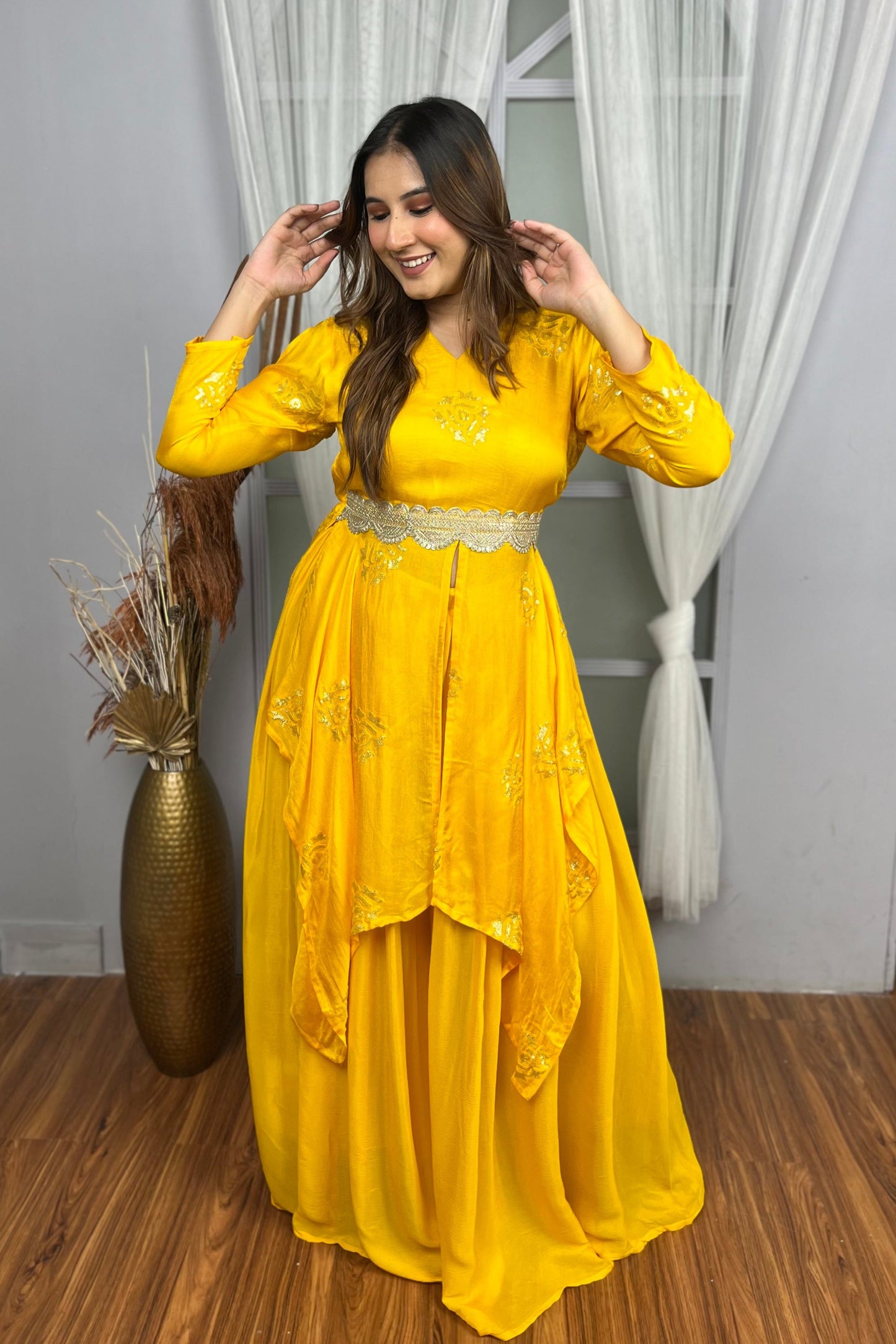 Yellow Flowy Palazzo Pants Festive Set